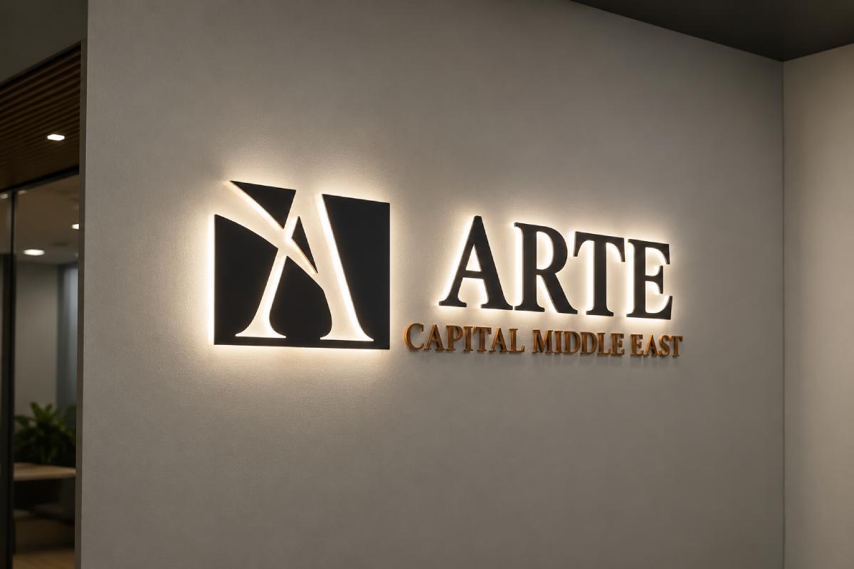 backlit acrylic sign for Arte Capital installed in Abu Dhabi