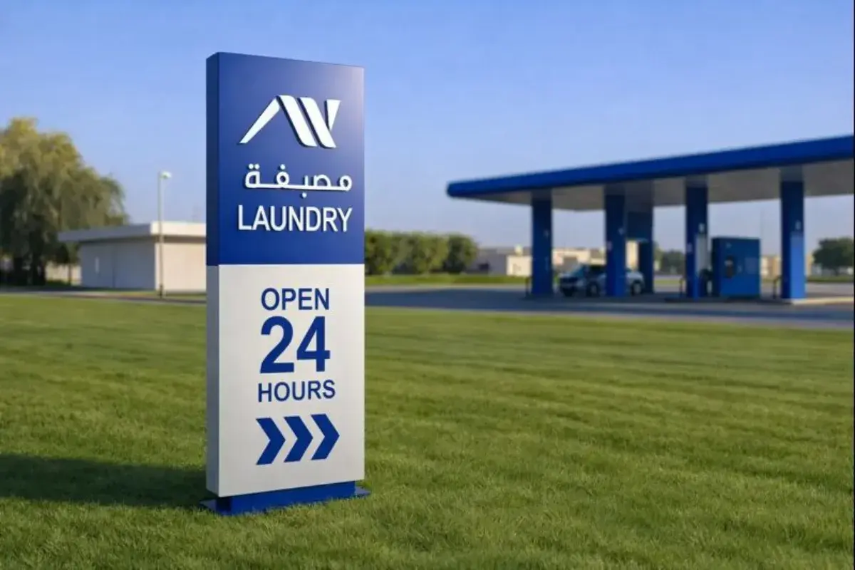 Outdoor pylon sign with push-through acrylic letters, fabricated and installed at an ADNOC station