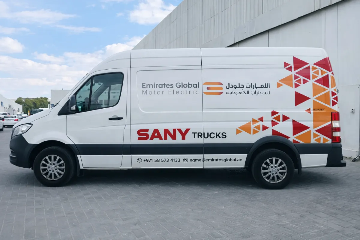 Full fleet branding on SANY electric logistics trucks, Abu Dhabi