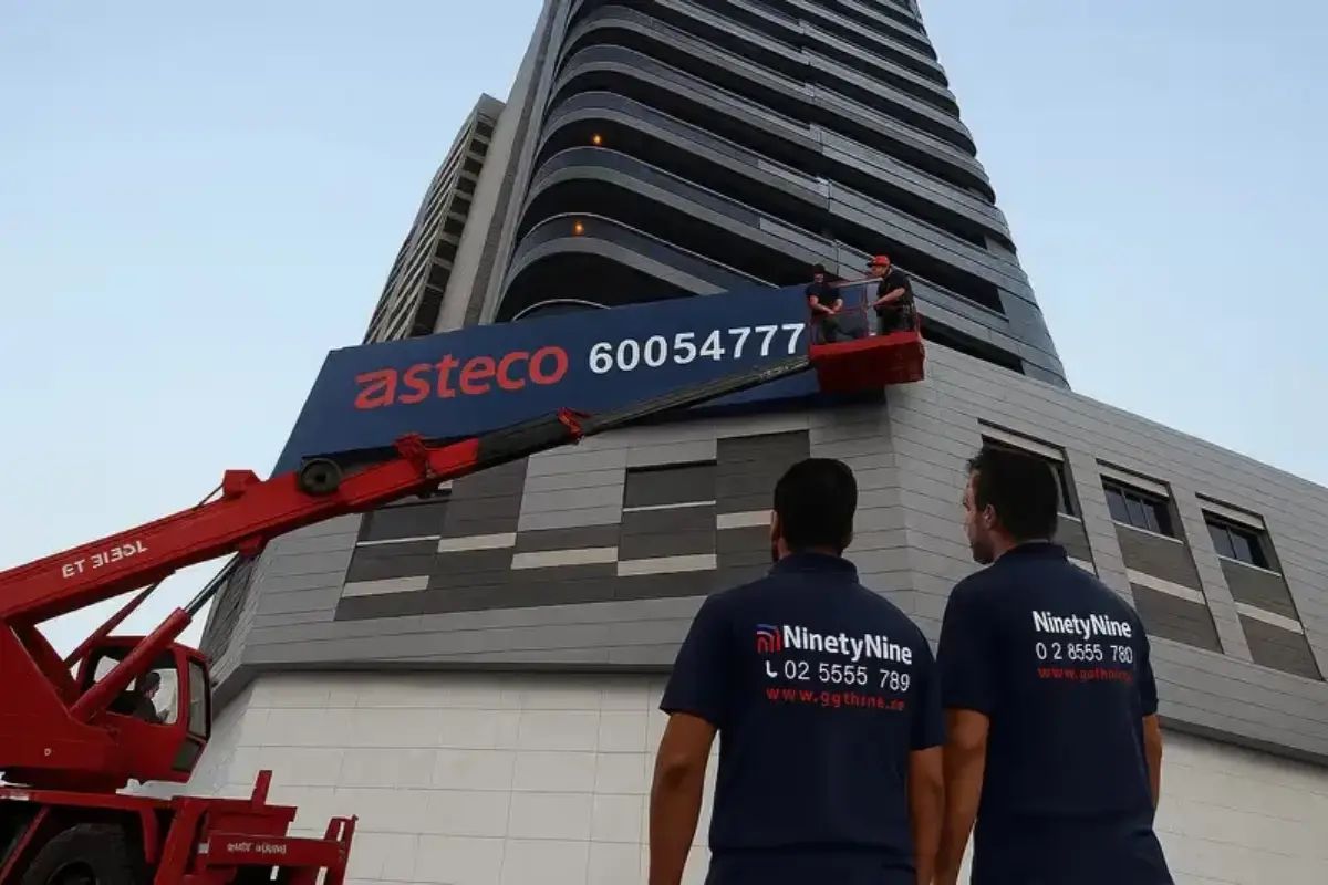 Large-scale outdoor building banners for high-rise facades for asteco in al reem isa